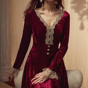 Burgundy Elegant Women's Lace Patchwork V-Neck A-Line Dress
